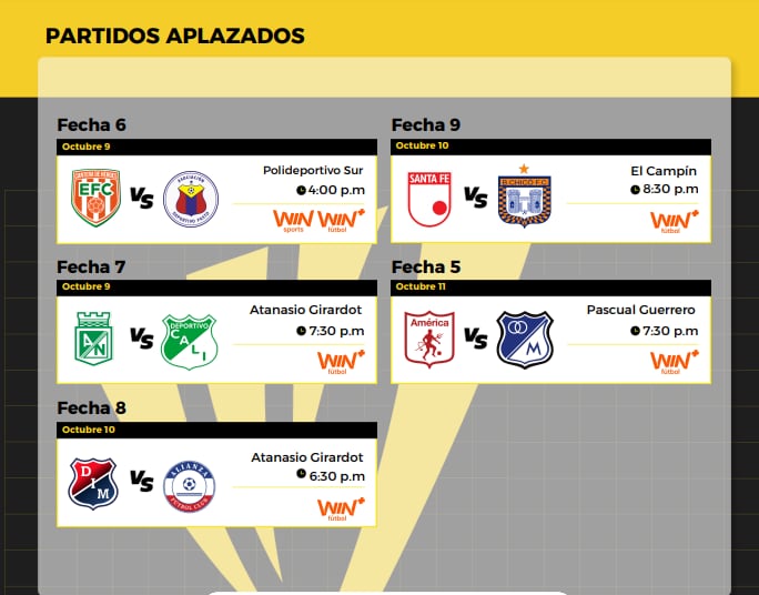 De la siguiente forma se colocará al día el campeonato nacional con dos partidos destacados: el Clásico de Verdes entre Atlético Nacional y Deportivo Cali en Medellín y el Clásico de las Estrellas entre América de Cali y Millonarios FC - crédito Página Oficial de la Dimayor