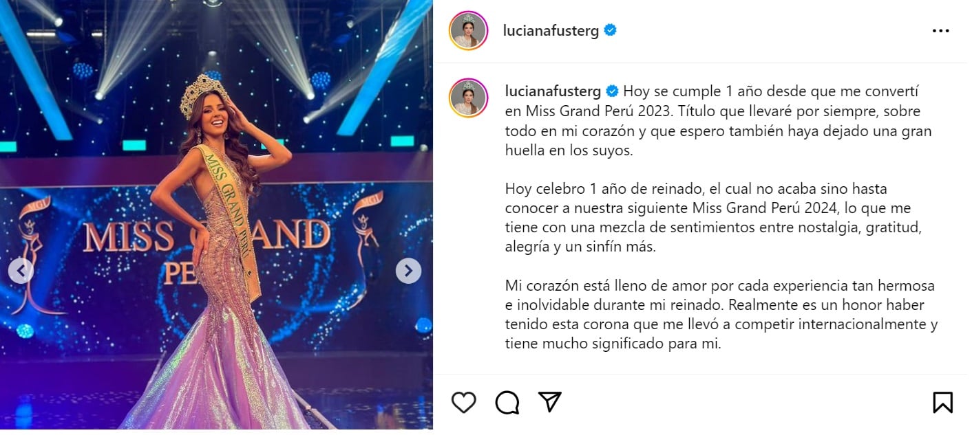 Luciana Fuster celebra su primer año como ‘Miss Grand Perú' con emotivo mensaje. Instagram.