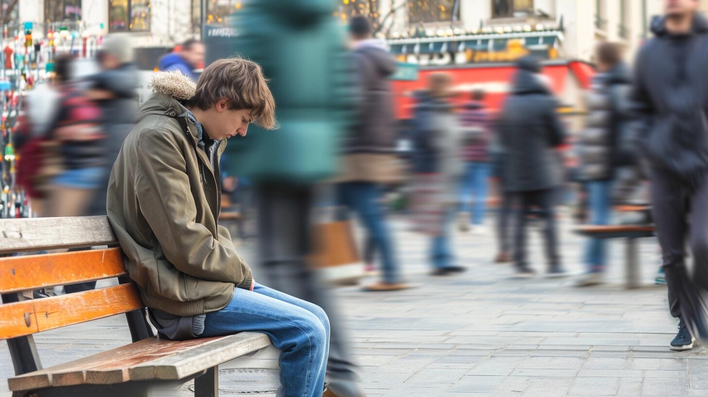 Adolescente sentado solo en un banco, con la cabeza gacha mientras el mundo alrededor se desplaza rápidamente, simbolizando posibles trastornos de ansiedad, depresión o disociación. La fotografía subraya la importancia de identificar y tratar problemas de salud mental en las etapas tempranas de la vida. (Imagen ilustrativa Infobae)