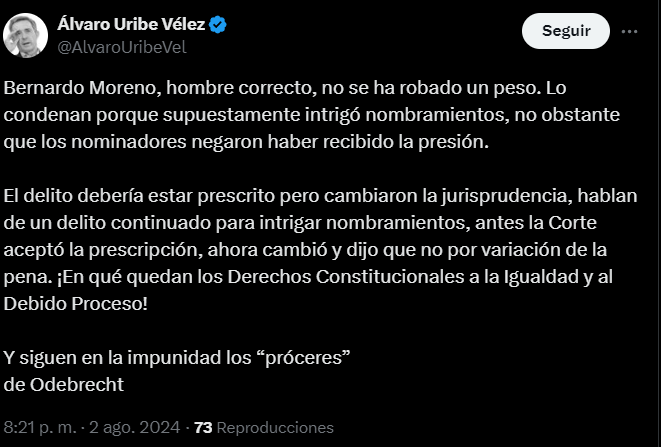 El expresidente Uribe se pronunció ante la condena a Moreno - crédito @AlvaroUribeVel/X