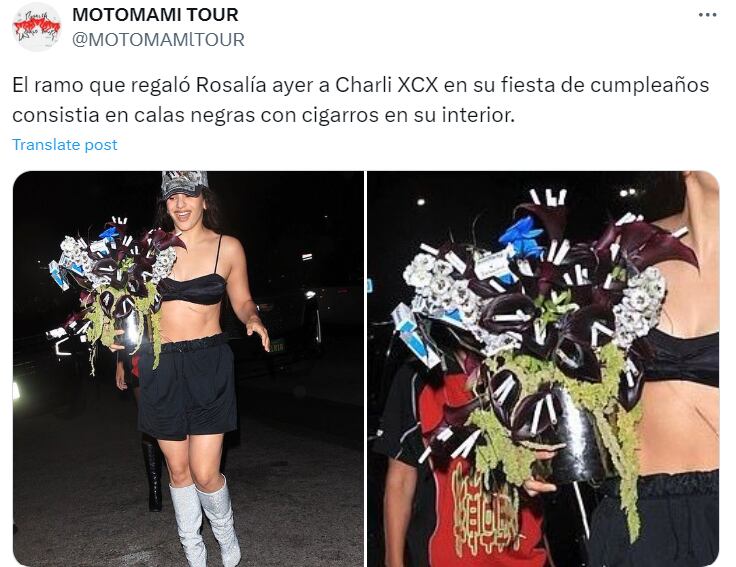 Rosalía, con el ramo que ha llevado al cumpleaños de Charli xcx en Los Ángeles