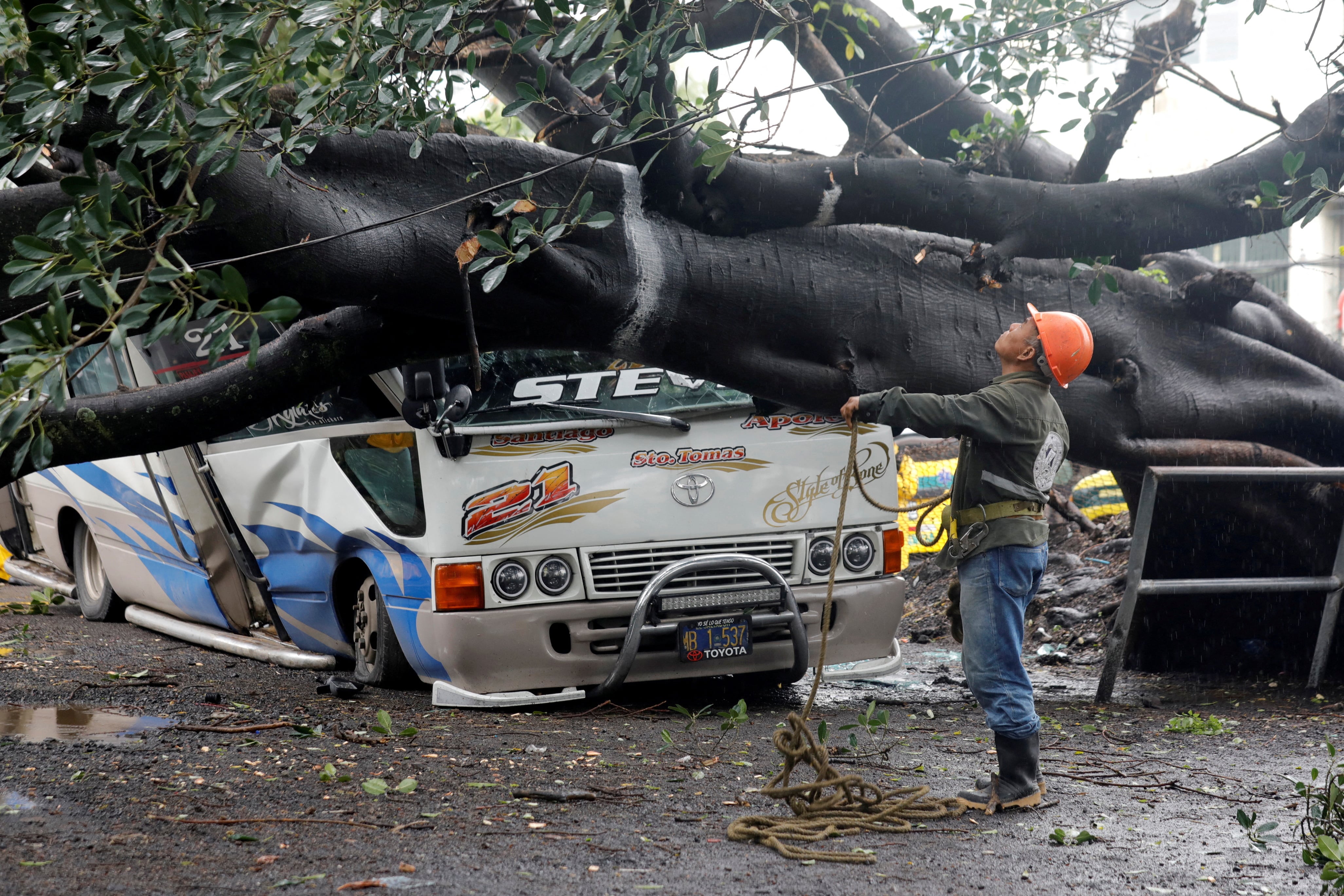 Un trabajador municipal observa un árbol que cayó sobre una unidad de transporte público debido a las fuertes lluvias en San Salvador el 20 de junio de 2024 (REUTERS)