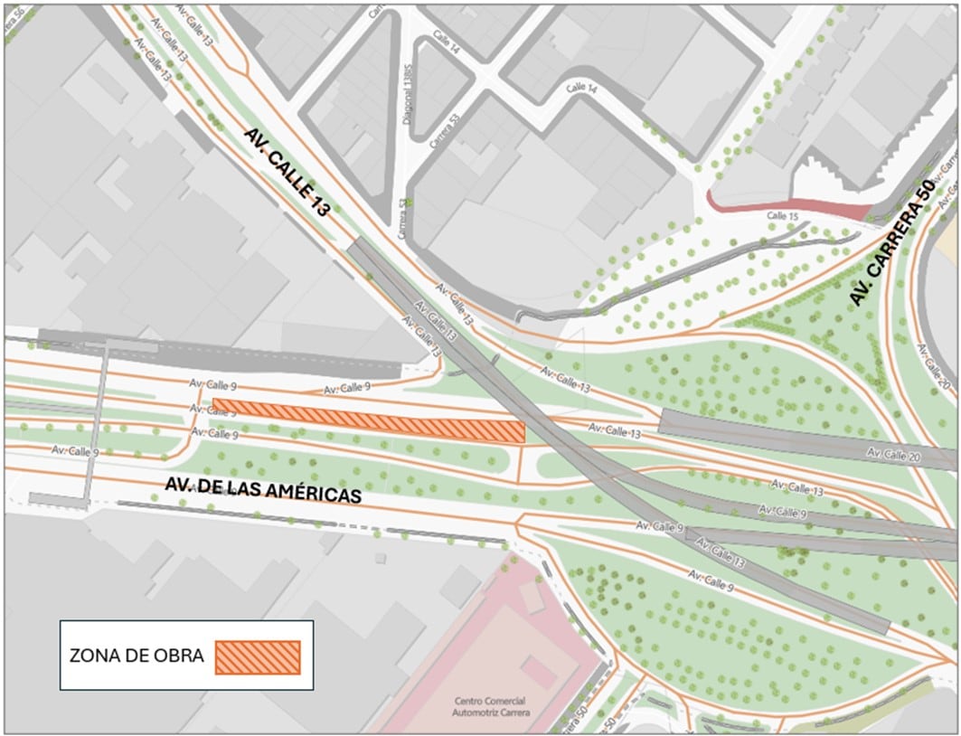 Conozca el cierre de un carril en la calzada exclusiva y un carril en la calzada mixta en la Av. Américas entre carreras 50 y 53F . crédito Secretaría de Movilidad