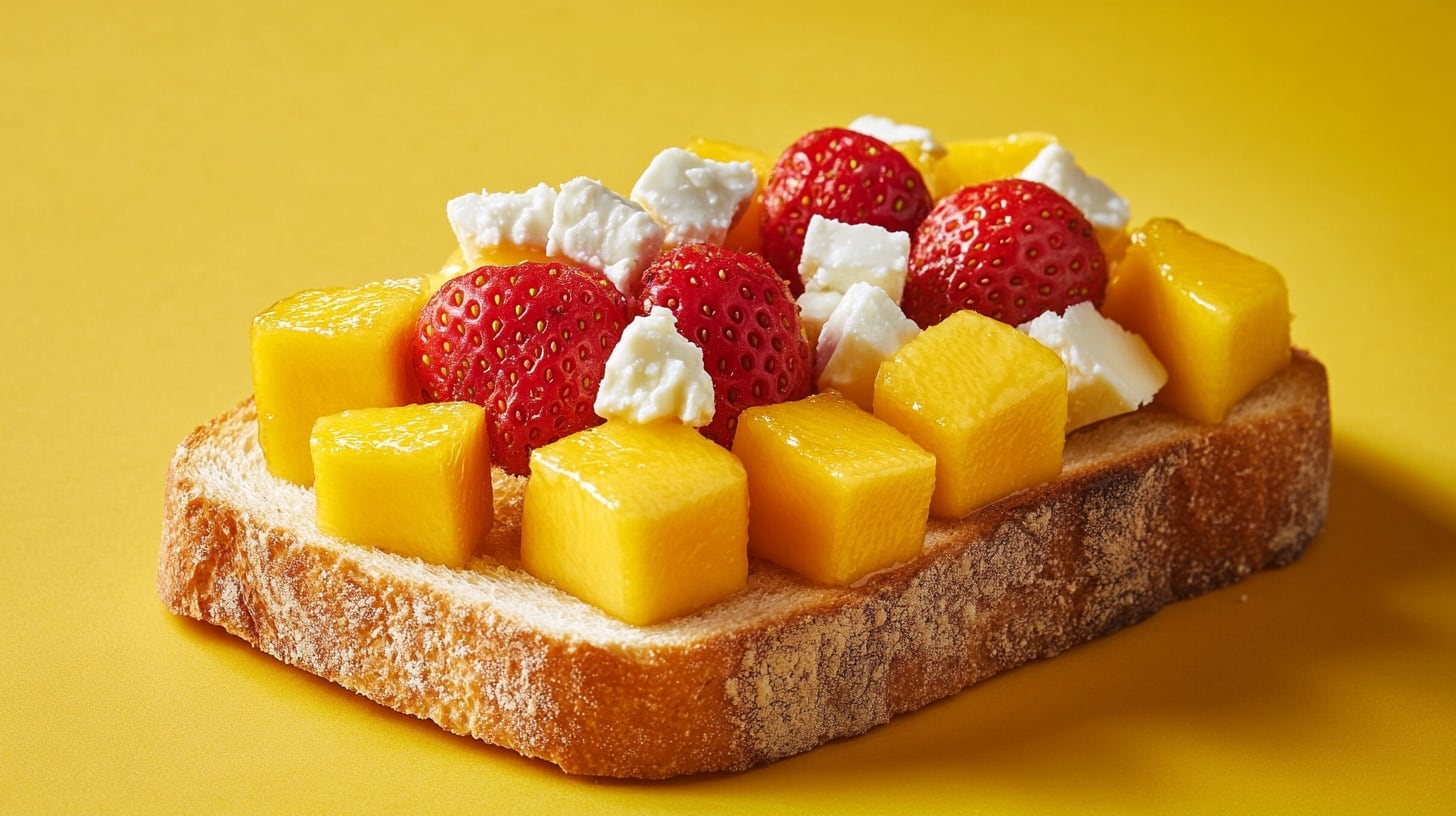 Desayuno con pan de caja, rebanada cubierta de fresa, mango, y queso, combinación fresca y nutritiva. - (Imagen Ilustrativa Infobae)