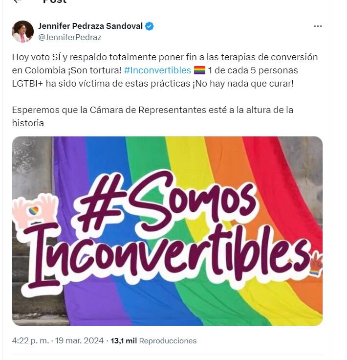 Jennifer Pedraza defiende proyecto para ley para prohibir terapias de conversión - crédito @JenniferPedraz