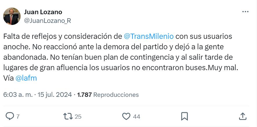 Líderes políticos también se quejaron por la falta de organización en Bogotá para ver la final de la Copa América - crédito red social X