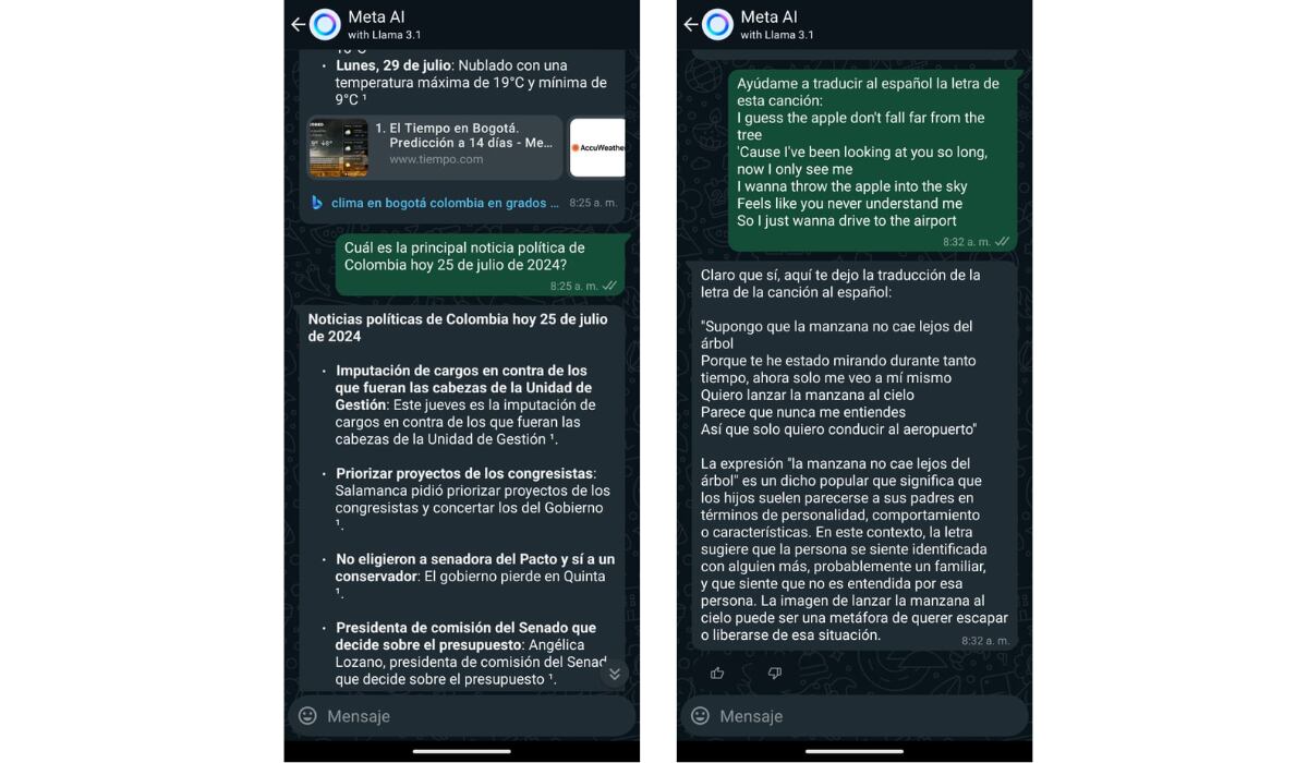 Meta es capaz de responder información en tiempo real y de hacer traducciones. (WhatsApp / Meta AI)