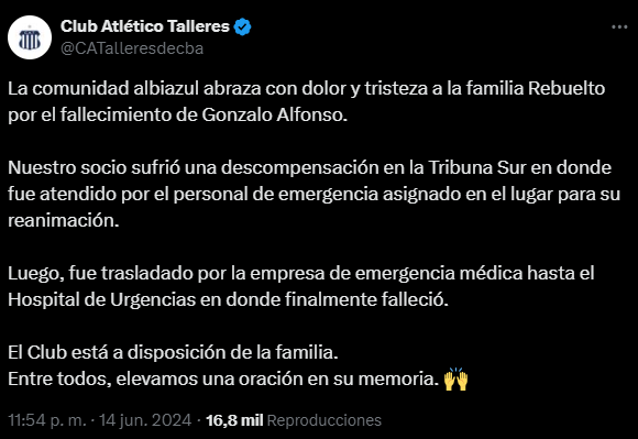 muerte de un hincha de Talleres