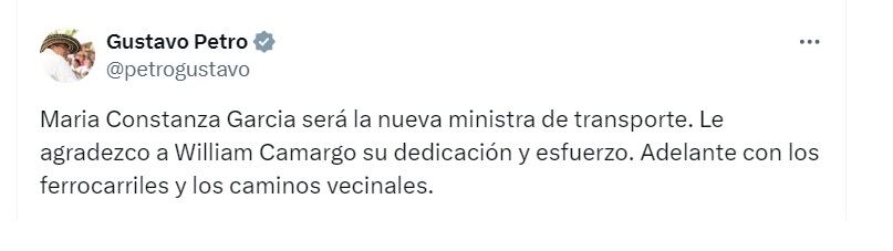 Gustavo Petro, presidente de Colombia, anunció que William Camargo será reemplazado por María Constanza García - crédito @PetroGustavo/X