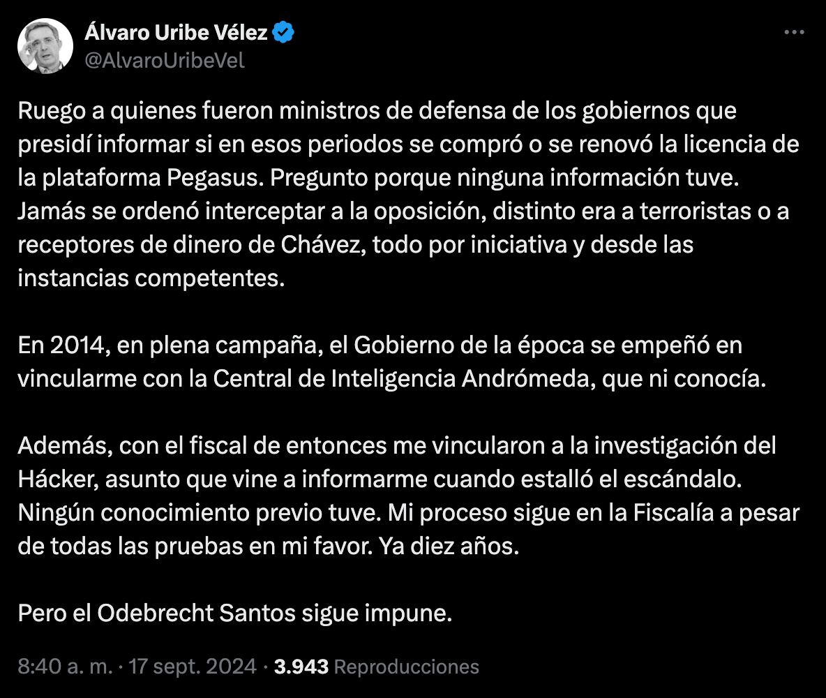 El expresidente Uribe le pidió a los exfuncionarios que declaren si la información del software Pegasus estuvo involucrada desde sus gobiernos - crédito Álvaro Uribe/X