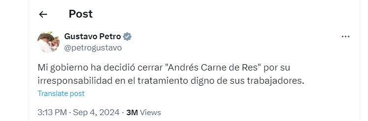 Gustavo Petro  habla del cierre del restaurante Andrés Carne de Res - crédito @petrogustavo