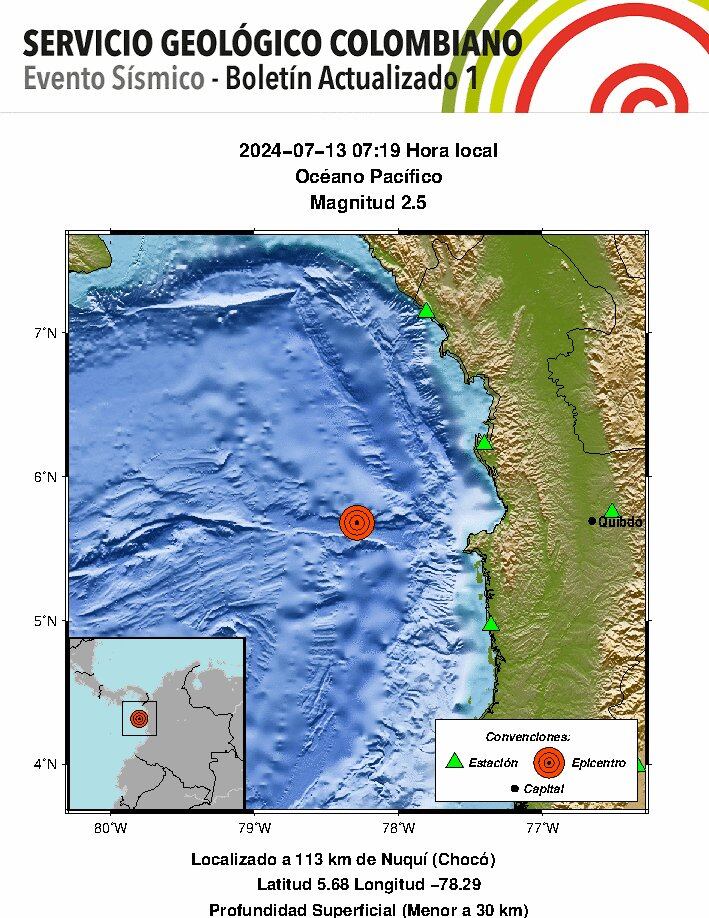 El punto más próximo al sismo da en el departamento del Chocó - crédito @sgcol/X