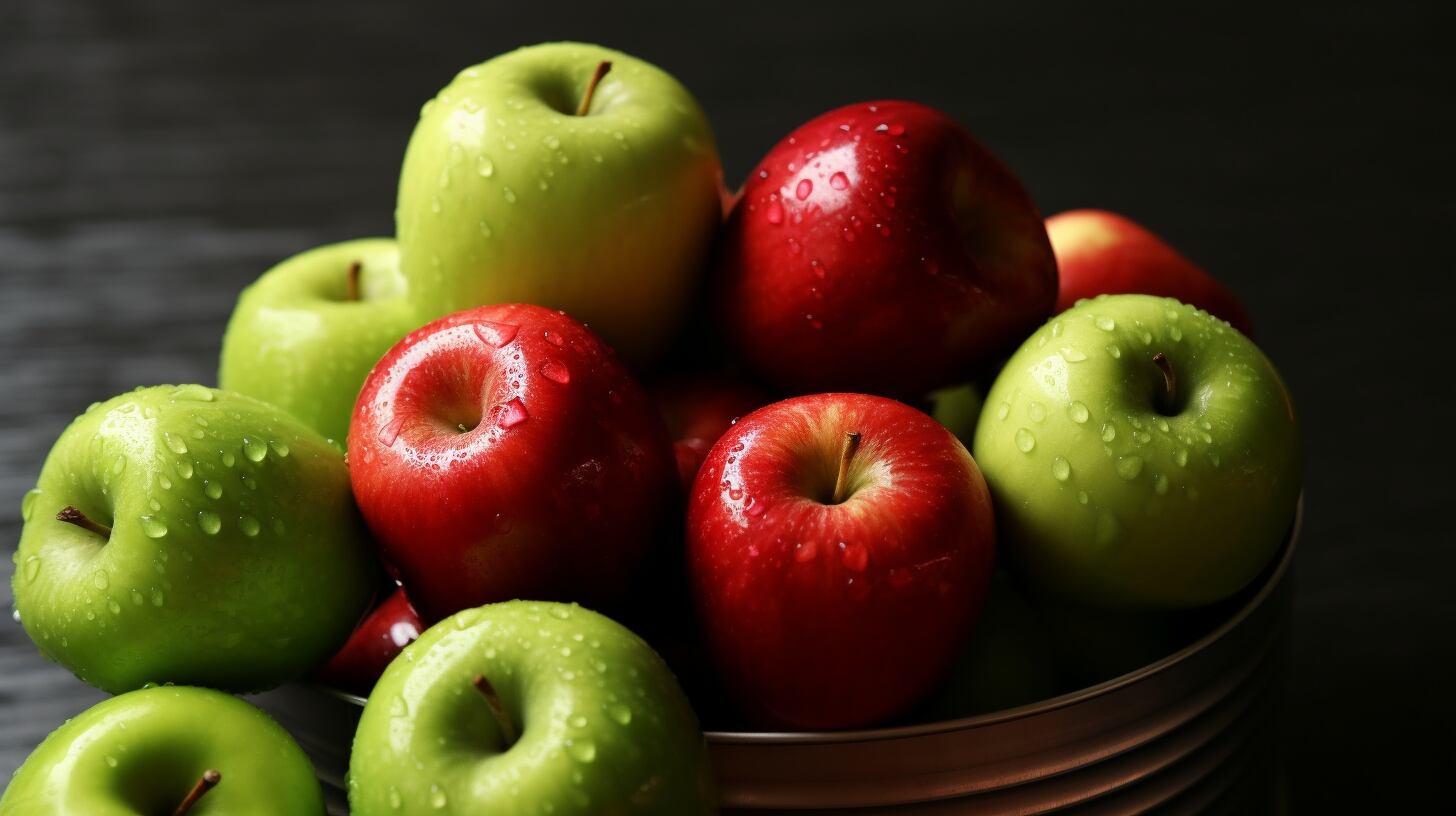 Deliciosas manzanas verdes y rojas frescas rociadas con gotas de agua, colores vibrantes y saturados(Imagen ilustrativa Infobae)