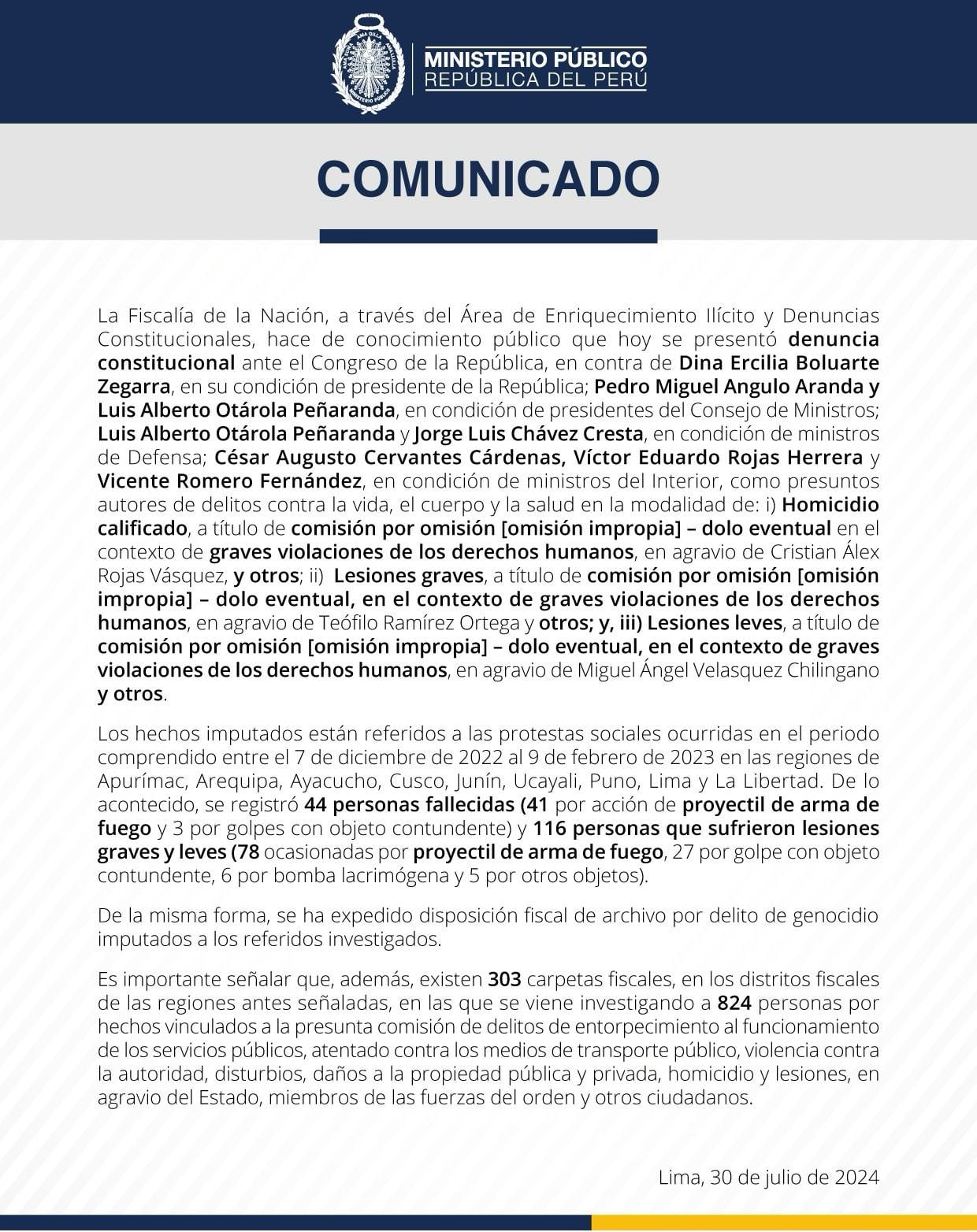 Fiscalía acusa a la presidenta y exministros ante el Congreso por muertes en protestas. (Foto: Fiscalía de la Nación)