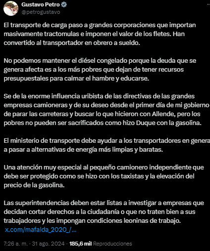 El mandatario colombiano aseguró que la subida del ACPM es necesario para proyectos sociales - crédito Gustavo Petro/X