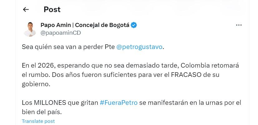 Papo Amín  le respondió al presidente Petro que el Pacto Histórico iba a perder las elecciones - crédito @papoaminCD