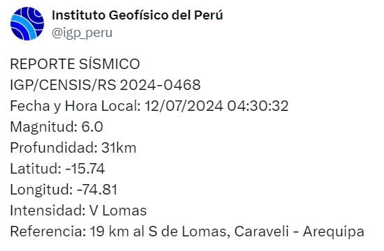 El sismo se registró durante la madrugada de este viernes 12 de julio en Arequipa.