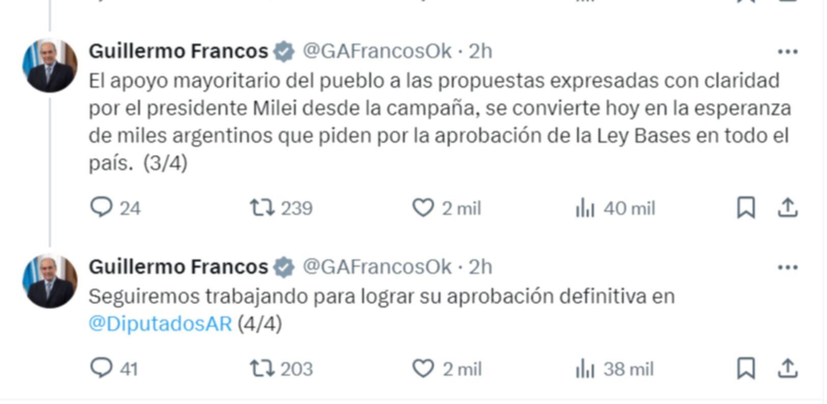 El Presidente y funcionarios de su Gobierno celebraron la aprobación de la Ley Bases