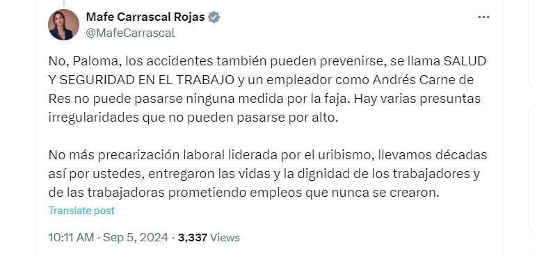 Mafe Carrascal arremetió en contra de Paloma Valencia y del uribismo - crédito @MafeCarrascal