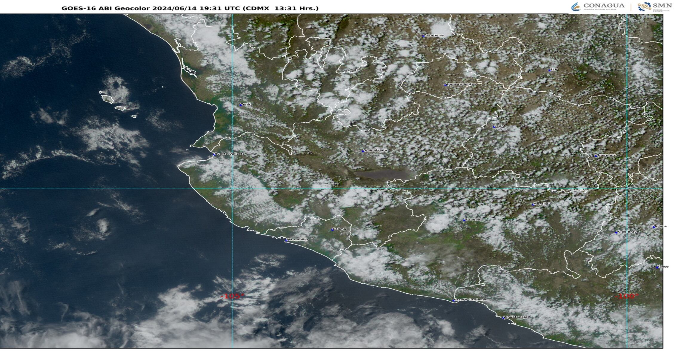 Imágen 2:GOES-16 ABI, GEOCOLOR 13:31 h (hora local).