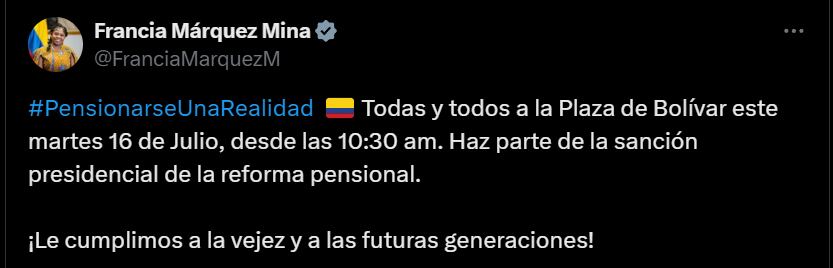 Francia Márquez convoca a la ciudadanía a apoyar reforma pensional - crédito @FranciaMarquezM/X