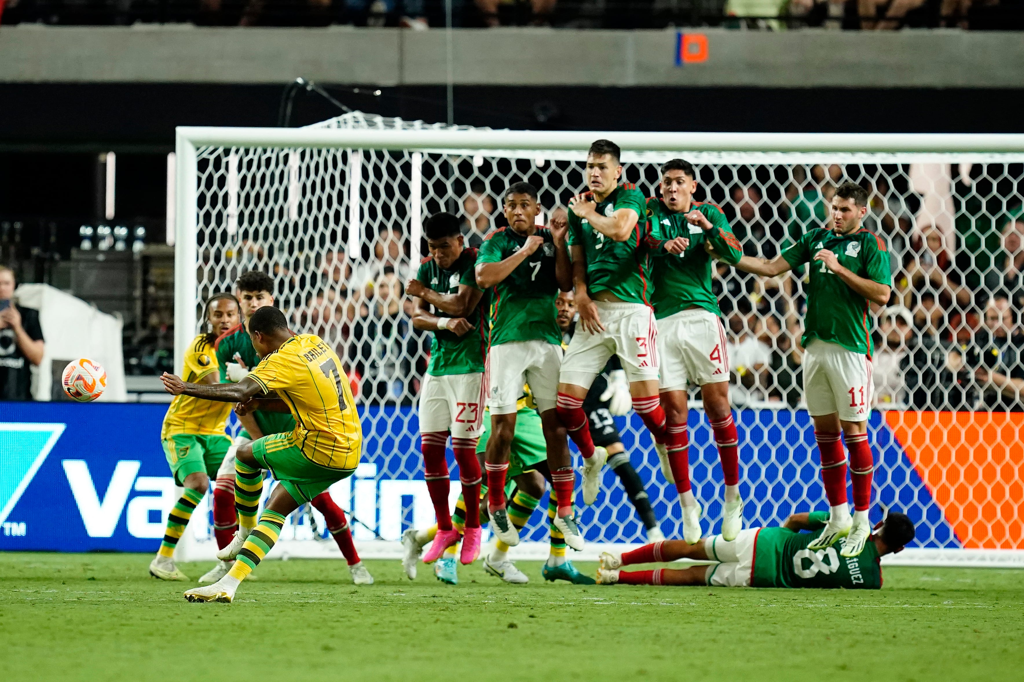 Jul 12, 2023; Las Vegas, Nevada, USA; Jamaica forward Leon Bailey (7) attempts to score against Mexico during the second half at Allegiant Stadium. Mandatory Credit: Lucas Peltier-USA TODAY Sports