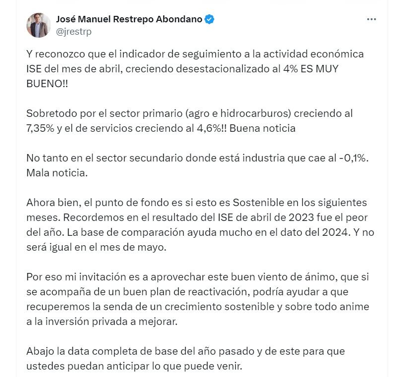 José Manuel Restrepo, exministro de Hacienda, cree que hay que aprovechar las cifras económicas de abril para montar un buen plan de reactivación - crédito @Jrestrp/X