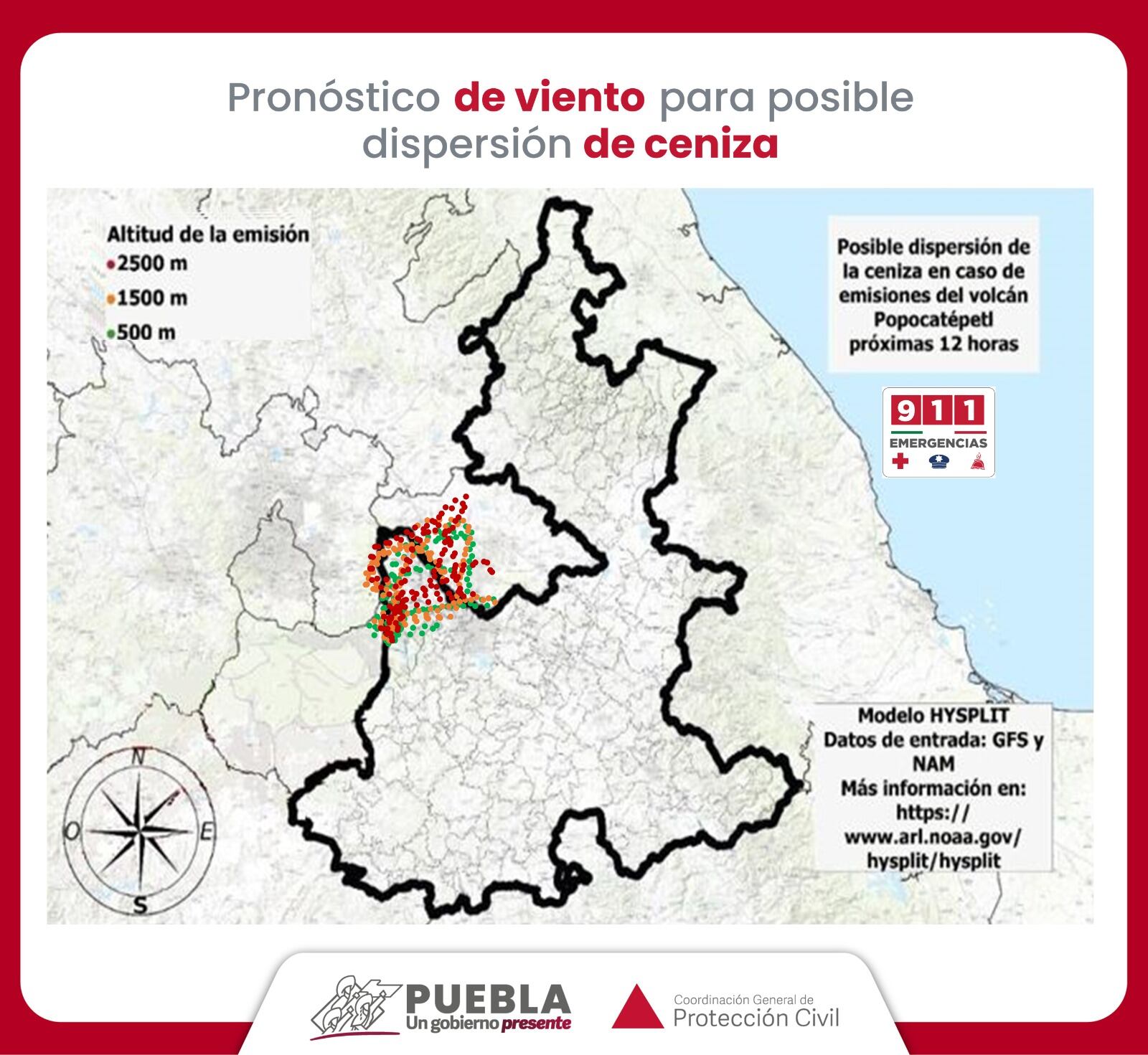 Mapa que muestra la dirección que podrían tomar las emisiones del volcán Popocatépetl este miércoles 26 de junio