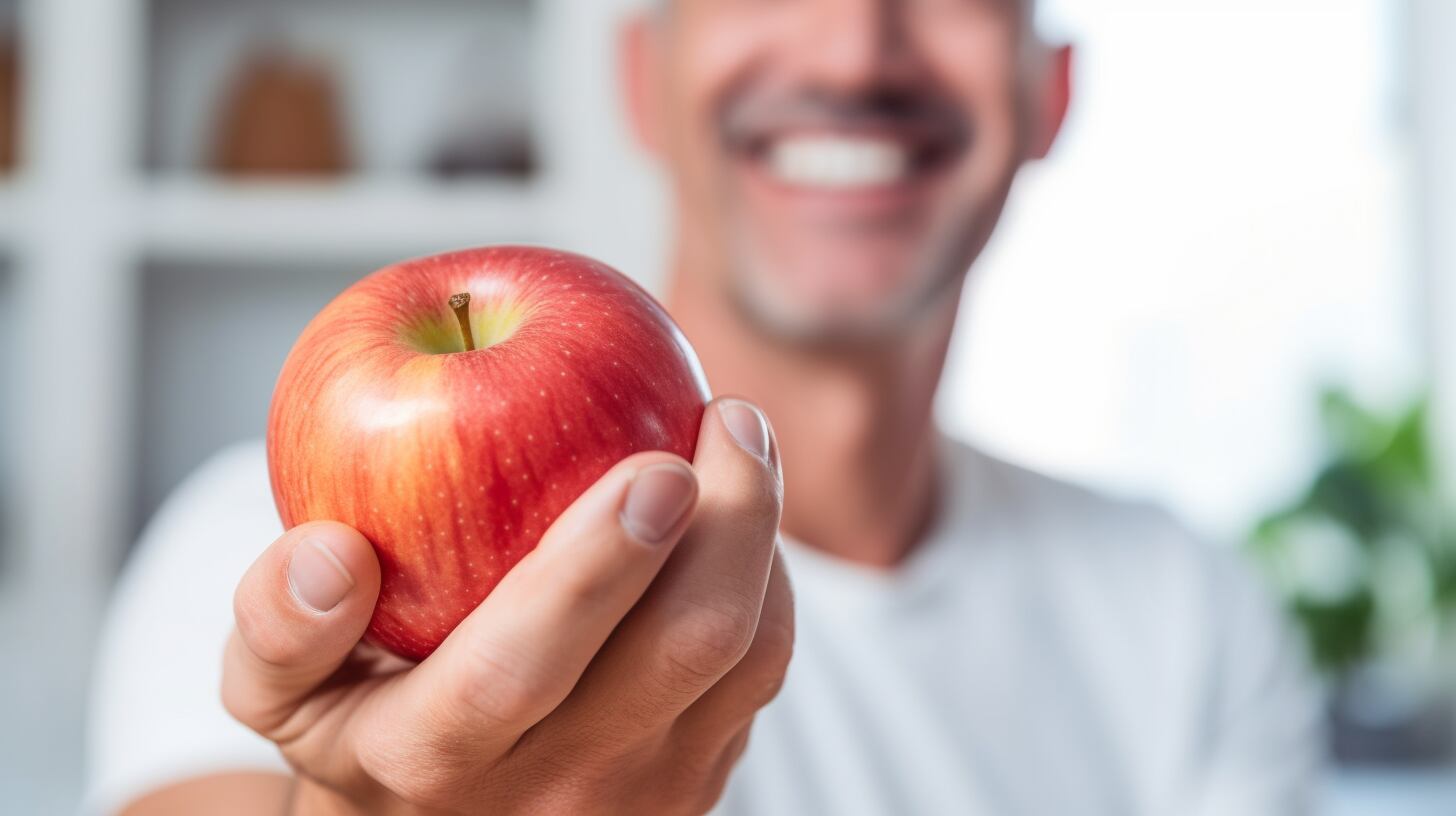 Imagen de un hombre sosteniendo una manzana fresca, resaltando la importancia de la nutrición y el cuidado del cuerpo. (Imagen ilustrativa Infobae)