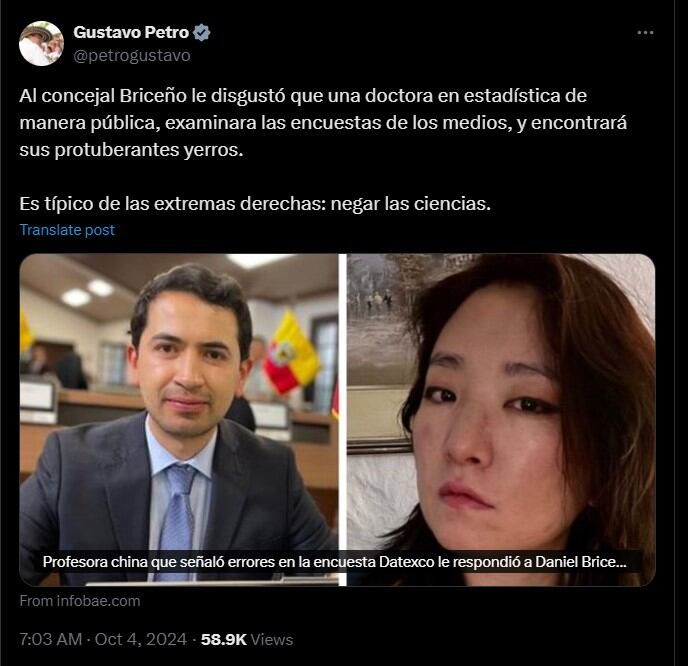 El presidente Petro defendió el análisis de Zhang y criticó al concejal Briceño por sus comentarios - crédito @petrogustavo/X