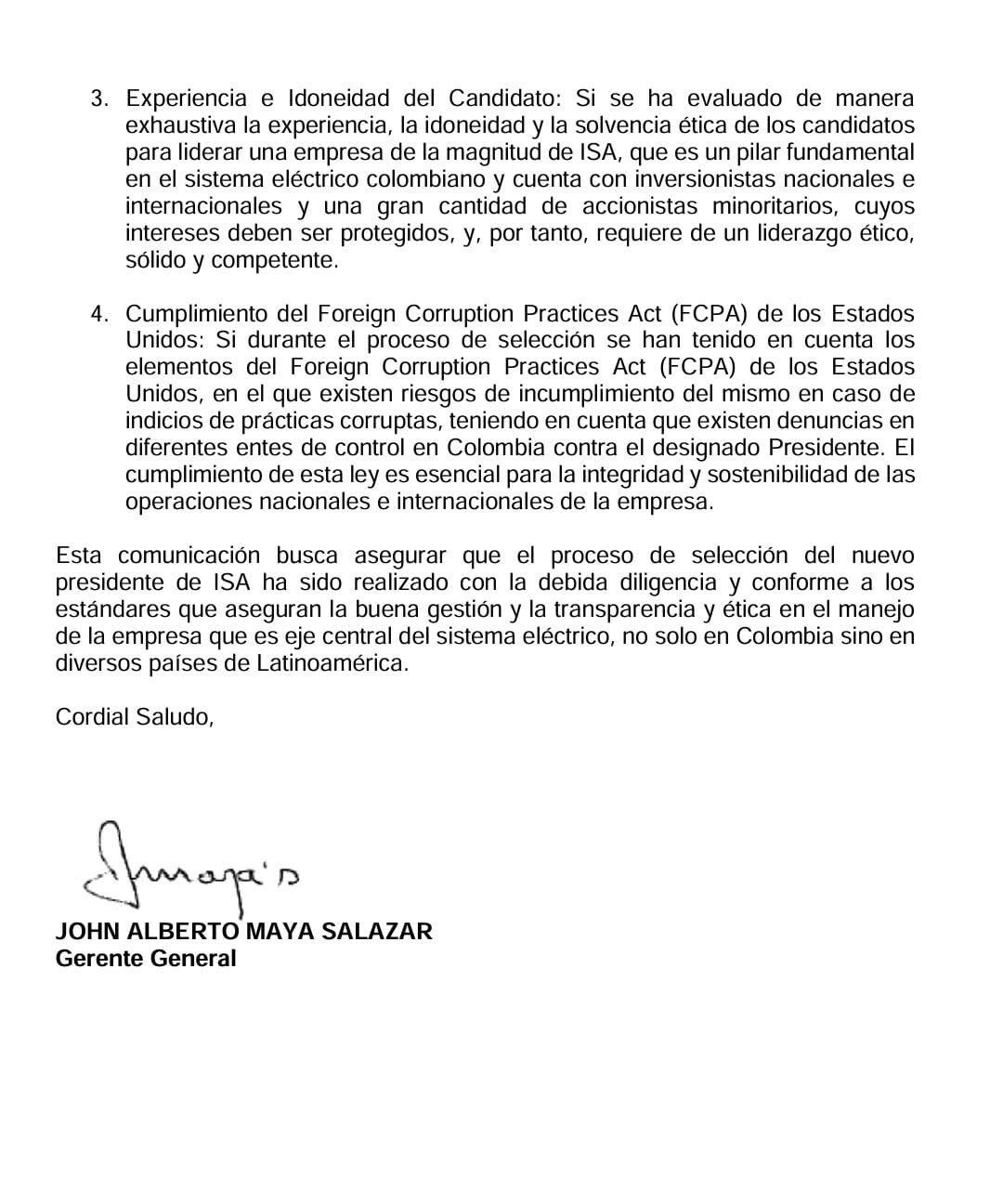 Carta enviada por el gerente general de EPM, John Maya Salazar, a la Junta Directiva de ISA -Interconexión Eléctrica S.A. E.S.P.- - crédito @EPMestamosahi/X