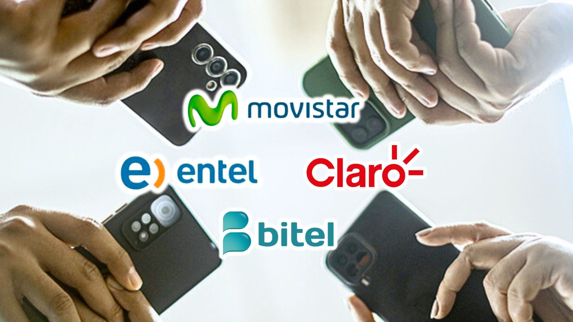 Cuatro manos con celular y logos de Entel, Bitel, Movistar y Claro.