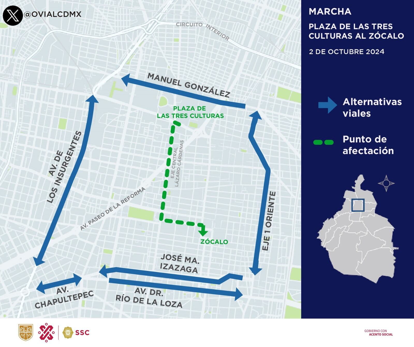 Mapa de la ruta de la marcha del 2 de octubre y alternativas viales