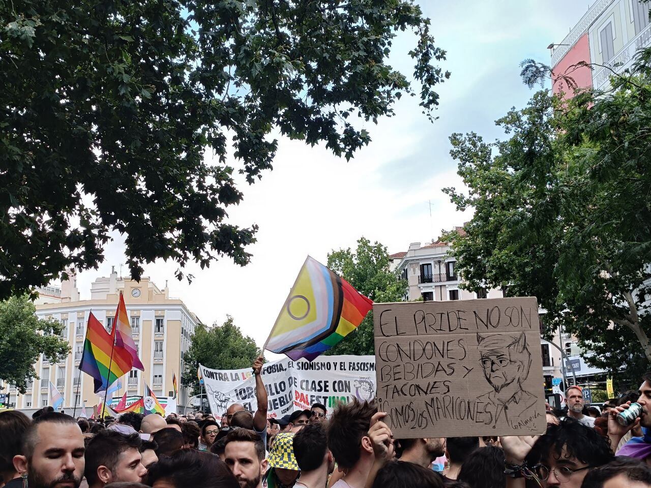 Un grupo de personas con pancartas durante una manifestación organizada por la plataforma de Orgullo Crítico, a 28 de junio de 2024, en Madrid. (MSV)