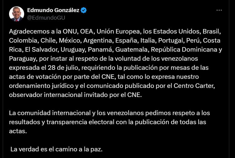 Pronunciamiento de Edmundo González sobre los países que pidieron que se hicieran públicos los escrutinios - crédito @EdmundoGU/X