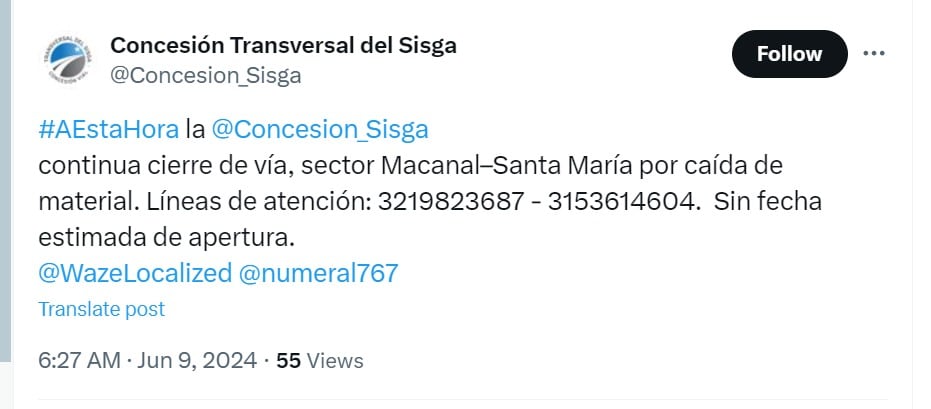 La Concesión Transversal del Sisga informó que todavía está cerrada el correedor por el sector Macanal- Santa María - crédito @Concesion_Sisga/X