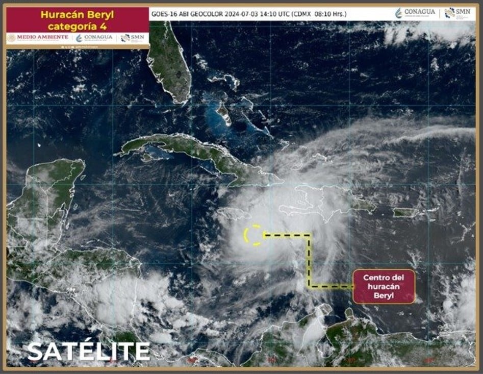 Mapa de la ubicación del centro del huracán Beryl