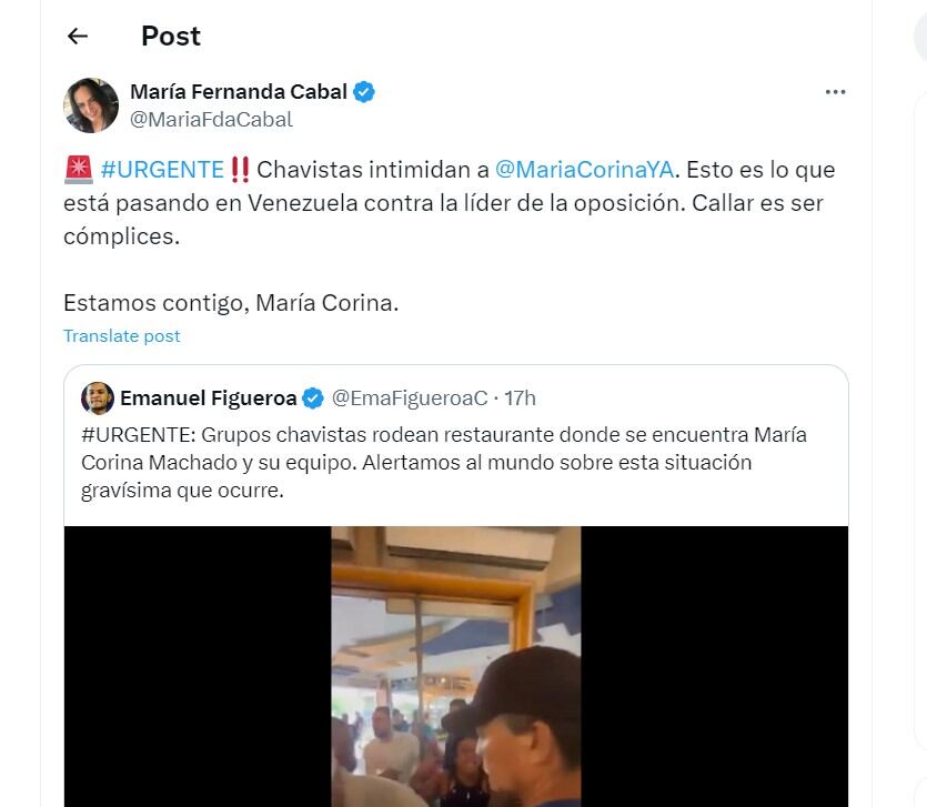 María Fernanda Cabal denuncia presuntas intimidaciones la líder de la oposición en Venezuela, María Corina Machado - crédito  @MariaFdaCabal