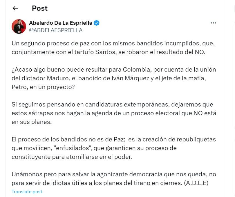 Abelardo de la Espriella critica dialogos de paz con disidencias de las Farc lideradas por Iván Márquez - crédito @ABDELAESPRIELLA