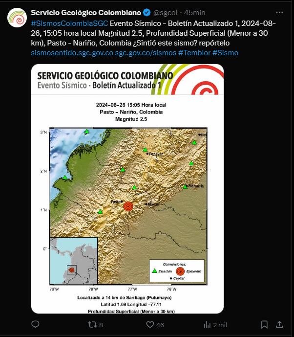 El SGC reportó que hubo un evento telúrico en Pasto - crédito @sgcol
/X