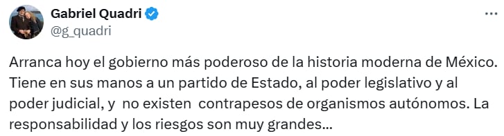 Mensaje de Gabriel Quadri a la presidenta constitucional, Claudia Sheinbaum.