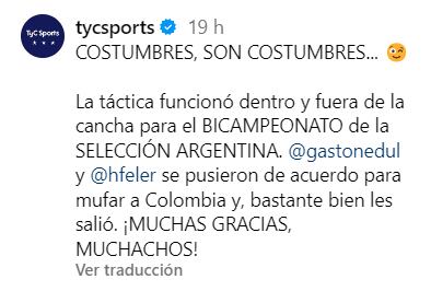 En Argentina se burlaron de la "mufa" a la selección Colombia - crédito @tycsports/ Instagram