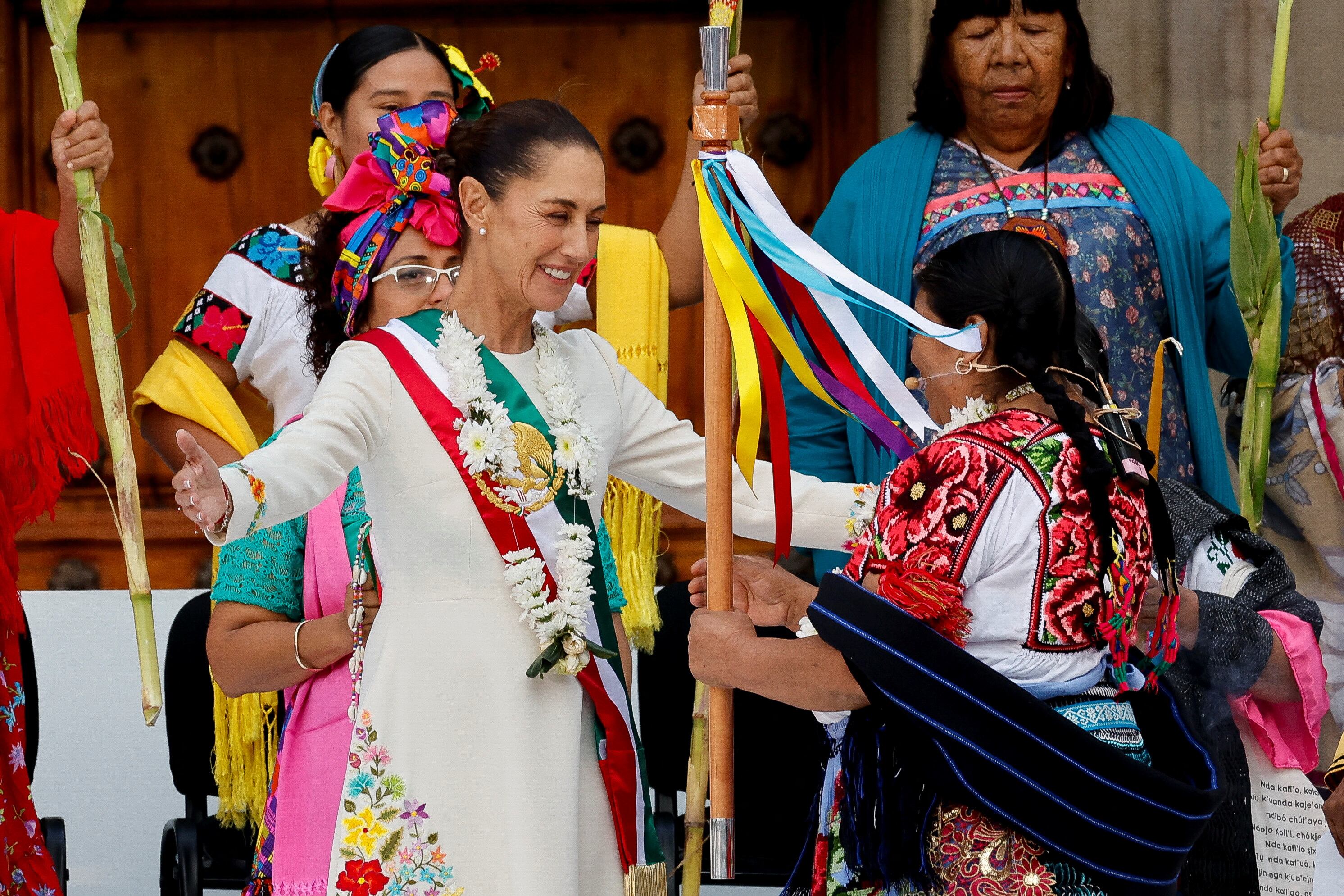 Mexico's new President Claudia Sheinbaum participates in a ceremony where she receives the "baton of command", at Zocalo Square in Mexico City, Mexico October 1, 2024. REUTERS/Daniel Becerril