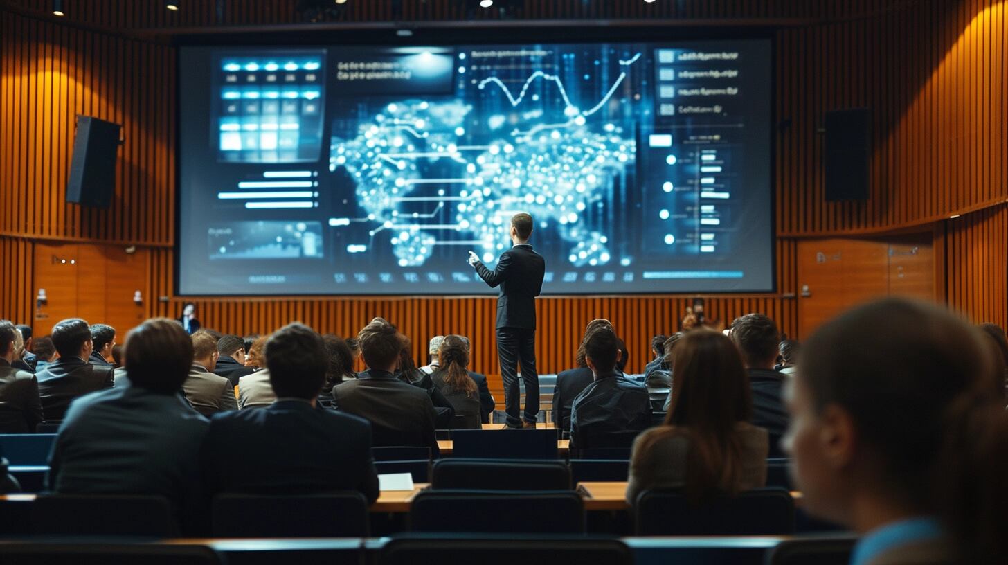 Profesional exponiendo en un auditorio sobre inteligencia artificial, con la audiencia atenta a su presentación. La fotografía ilustra la relevancia de compartir y discutir avances en tecnología, ciencia e investigación, y cómo los eventos como conferencias son vitales para la comunidad científica y tecnológica. (Imagen ilustrativa Infobae)