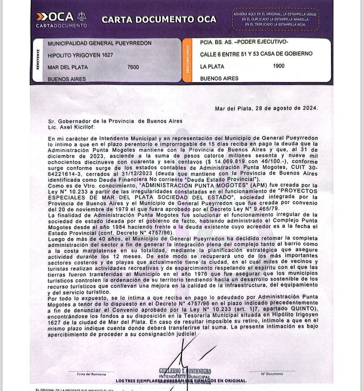 La carta documento que le envió Guillermo Montenegro a Axel Kicillof