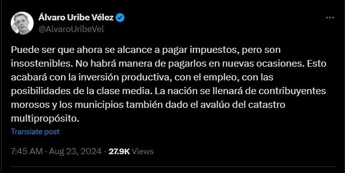 Expresidente Uribe dijo que el pago de impuestos en Colombia se volvería insostenible por el alto valor que tienen - crédito @AlvaroUribeVel/X