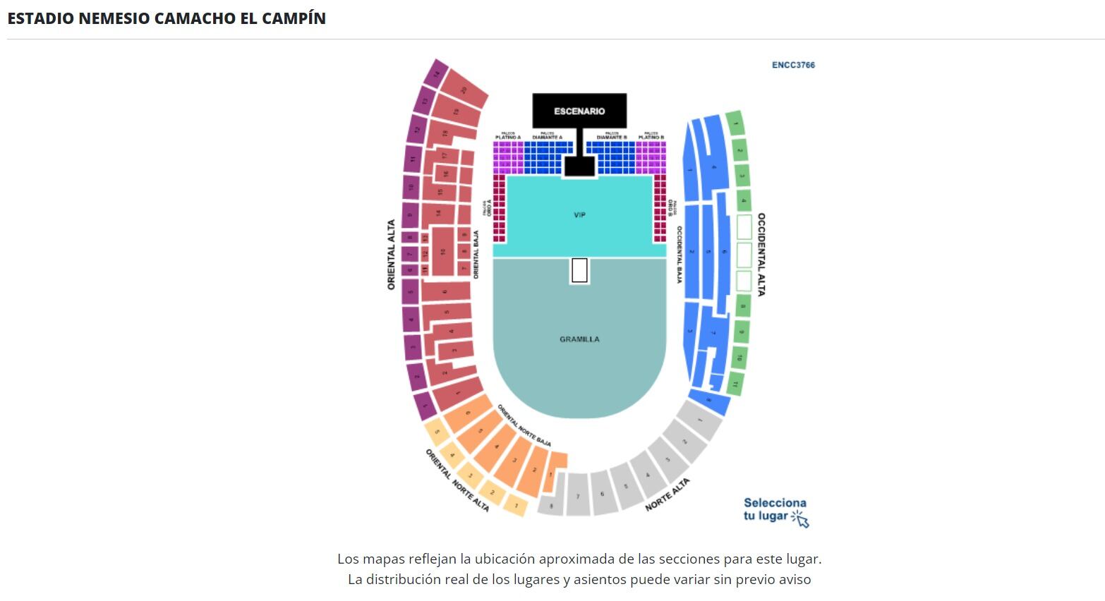 Esta es la distribución del estadio para el concierto de Aventura - crédito captura de pantalla eticket.co