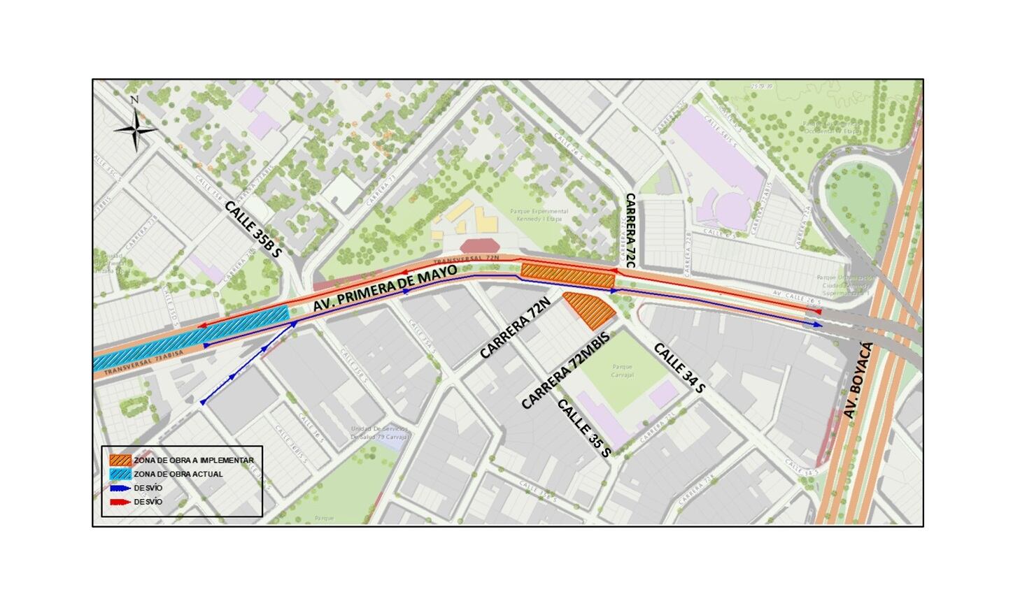 Desvíos en la avenida 1° de mayo por obras de la primera línea del metro de Bogotá. (Crédito: Secretaría de Movilidad de Bogotá)