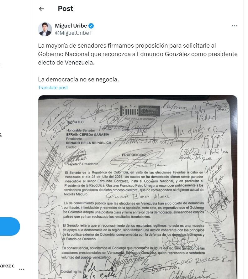 Miguel Uribe dice que la mayoría de senadora firmaron proposición para reconocer a Edmundo González como presidente - crédito @MiguelUribeT