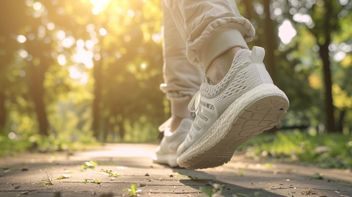 Detalle de calzado deportivo de un hombre joven en plena carrera por un sendero del parque, evidenciando su compromiso con un estilo de vida activo y saludable. Este primer plano representa el esfuerzo y la determinación por mantener un buen estado físico y mental, disfrutando del ejercicio en el contexto revitalizante del aire libre. (Imagen ilustrativa Infobae)